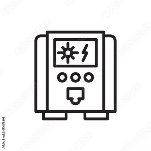 Solar inverter icon. PV energy conversion, representing DC to AC power transformation, MPPT efficiency tracking, grid-tie solar hardware, renewable energy systems, and electrical facility engineering.