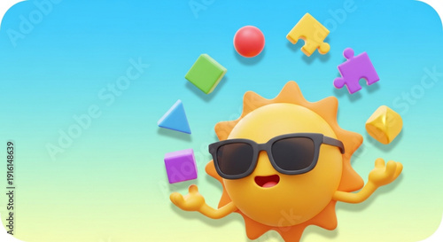 Cheerful cartoon sun character wearing sunglasses surrounded by colorful geometric shapes against a blue to yellow gradient background