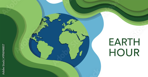 Earth Hour banner with planet earth and abstract green wave layers