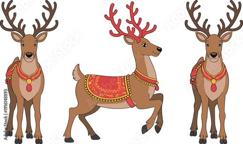 Three cartoon reindeer with festive red and gold harnesses and antlers Christmas holiday