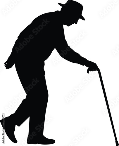 Silhouette of an elderly man walking with a cane and wearing a hat vector illustration