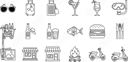 A collection of icons depicting various leisure, food, and drink activities isolated on transparent background, Vector