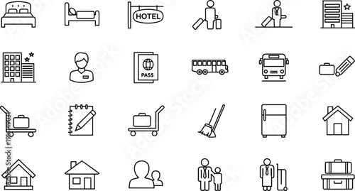Collection of icons representing various household, office, and leisure activities isolated on transparent background, Vector