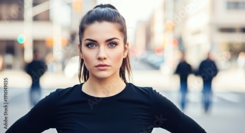 A confident woman in a black top stands in an urban setting, hands on hips, with a blurred background of city life.