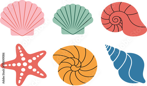 Colorful sea shells and starfish collection for summer beach vacation nautical decor and marine life nature design illustration