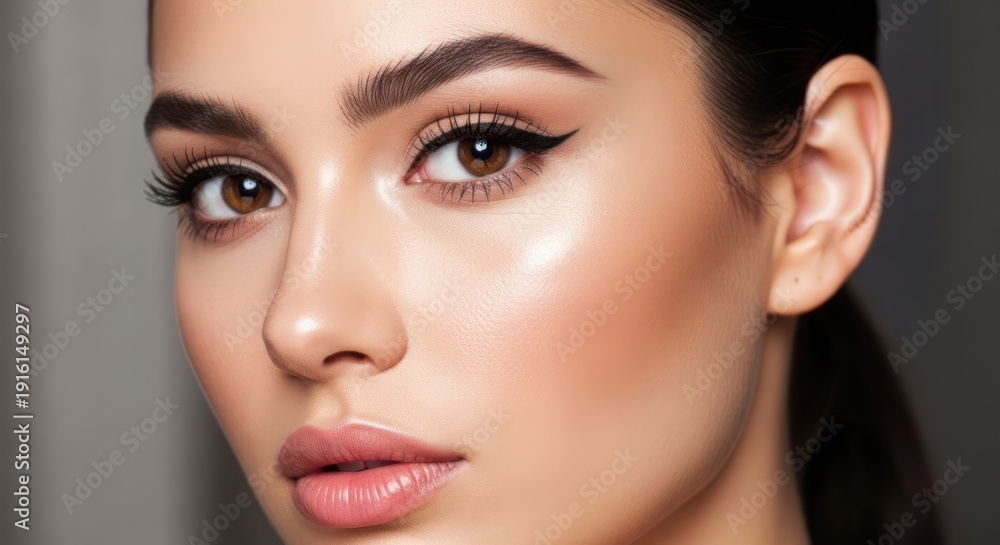 Fototapeta premium A close-up portrait of a woman with a neutral expression, featuring prominent makeup and a sleek hairstyle.
