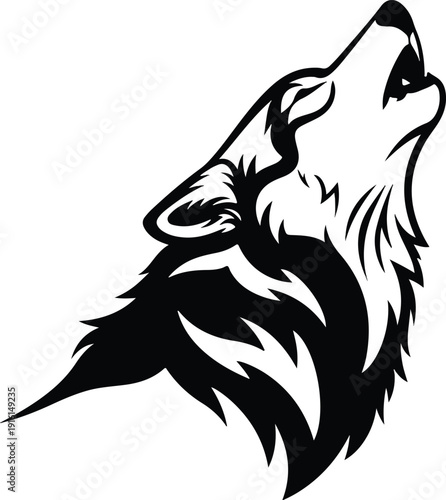Silhouette of a howling wolf head, rendered in a striking black and white graphic style, perfect for bold branding or wild-themed designs