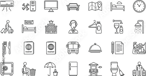 Collection of icons representing various household and office items and activities isolated on transparent background, Vector