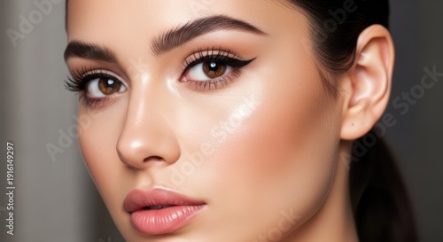 A close-up portrait of a woman with a neutral expression, featuring prominent makeup and a sleek hairstyle.