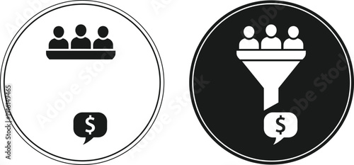 Sales funnel and audience conversion icon set showing customer group to revenue process in black and white circular styles