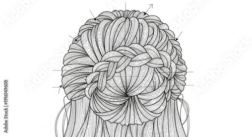 Intricate black and white illustration of a detailed headdress.