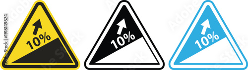 Steep uphill grade warning sign icon set showing ten percent incline in yellow, black, and blue triangle styles
