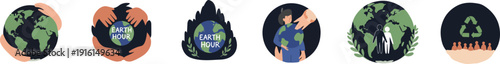 Earth Hour and Wildlife Conservation icon set with human hands protecting planet and nature symbols