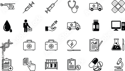 Icons representing various medical, emergency, and digital service symbols isolated on transparent background, Vector