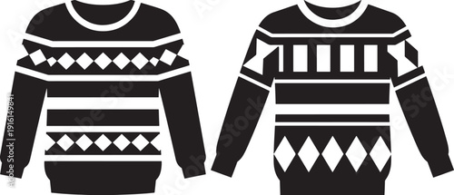 Black and white silhouette icons of two patterned winter sweaters, cozy holiday clothing, vector art