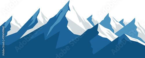 Abstract mountain range illustration, geometric peaks, snow covered summits, blue gradient landscape, modern natural scenery design, flat vector illustration