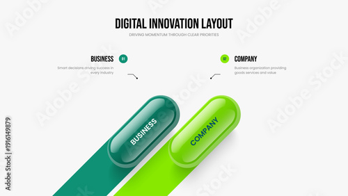 Corporate Review Slideshow Design Vector Illustration. Creative Campaign 2 Element Infographic Slide Layout. Marketing Insight Two Step Diagram Presentation Template.