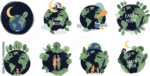 Earth Hour Illustration Set with Planet Earth, Crescent Moon, and People Caring for the Environment for Global Awareness Campaign