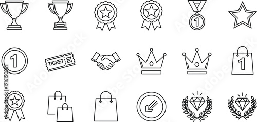 Collection of diverse icons representing achievements, awards, and shopping symbols isolated on transparent background, Vector