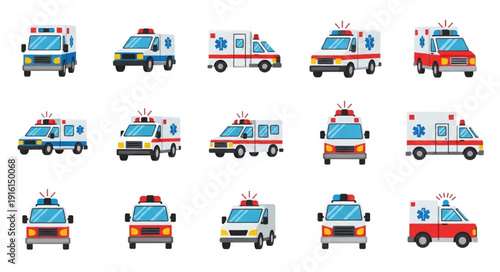 Collection of various ambulance vehicles in flat design style.