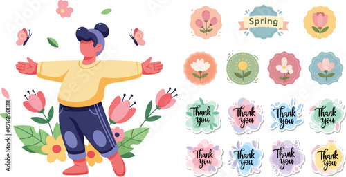 Spring Woman Character with Floral Badge and Thank You Sticker Set