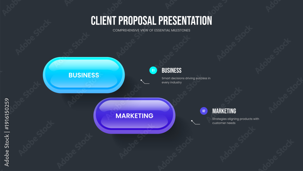 Fototapeta premium Sales Portfolio Two Option Diagram Slideshow Design. Product Insight Slide Template Vector Illustration. Advertising Plan 2 Element Infographic Frame Layout.