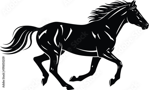 Silhouette of a majestic horse galloping with its mane and tail flowing dynamically, capturing the essence of freedom and power