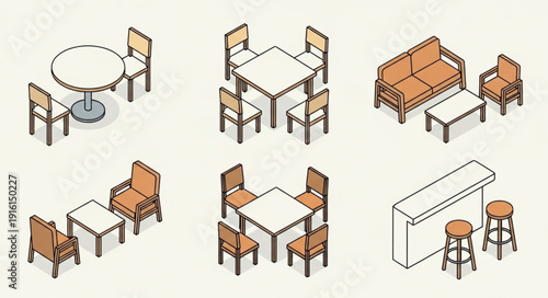 Collection of isometric furniture sets for interior design.