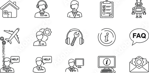 Illustrations representing various customer service and support channels isolated on transparent background, Vector