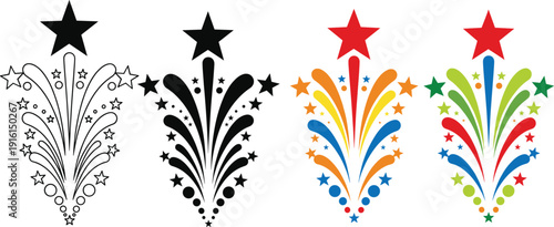 Celebration fireworks star burst icon set in outline, black, and colorful styles for festive events and decorative design