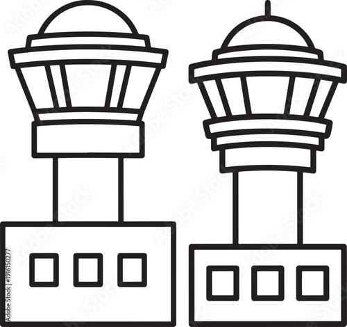 Line drawing of two air traffic control towers, representing aviation and airport control concepts