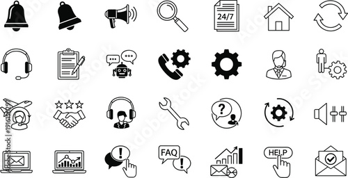 Collection of icons representing various technology and service-related functionalities isolated on transparent background, Vector