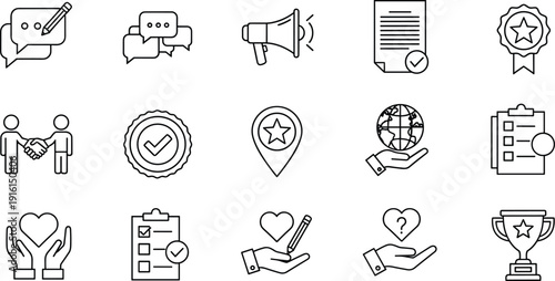 Collection of diverse icons representing various professional and collaborative activities isolated on transparent background, Vector