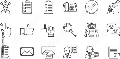 Collection of icons representing various digital and office productivity tools and actions isolated on transparent background, Vector