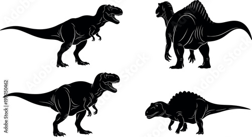 Dinosaur silhouette collection, prehistoric reptile vector illustration set featuring T rex and Spinosaurus, monochrome fossil animal design for educational graphics