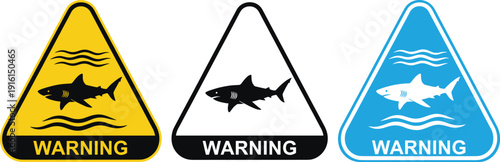 Shark warning sign icon set with fish silhouette and text in yellow, black, and blue triangle styles
