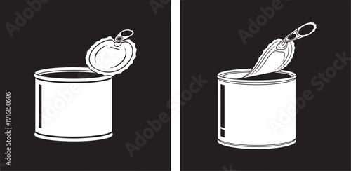Open Tin Can Icons: Freshness and Food Storage Solutions, Vector Illustration in Black and White