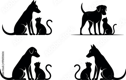 Dog and cat silhouettes vector, pet illustration, animal artwork, black and white design, companionship art, domestic animal icon, nature background