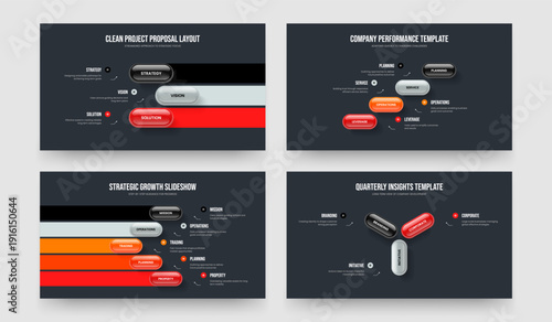 Corporate Strategy 3 4 5 Element Diagram Slide Template Set. Investor Review Three Four Five Step Infographic Frame Layout Vector Illustration Bundle.