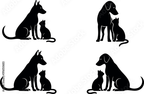 Dog and cat silhouettes vector, pet illustration, animal artwork, black and white design, companionship art, nature background, domestic animal icon