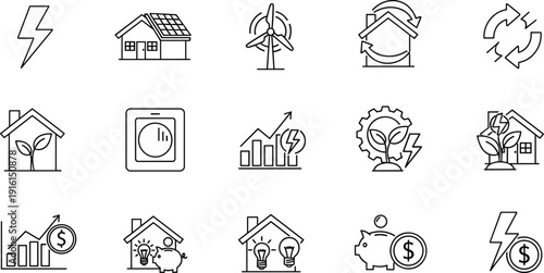 Icons representing various aspects of sustainable and energy-efficient living isolated on transparent background, Vector