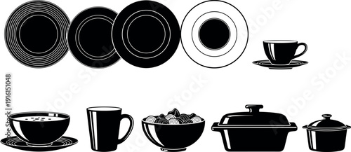 Kitchenware silhouettes vector, tableware illustration, plates and cups artwork, cookware design, dining icon, black and white, culinary background