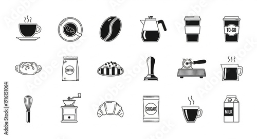 Collection of coffee and pastry icons in black and white style.