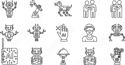 Collection of icons representing various professions, technologies, and activities isolated on transparent background, Vector