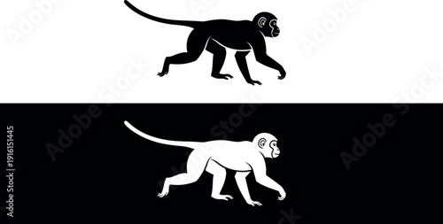 Monkey silhouettes vector, walking monkey illustration, primate artwork, black and white design, wildlife background, exotic animal icon, nature art