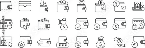 Wallet And Payment Line Icon Set With Money Transfer Banking Security And Digital Transactions