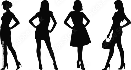 Fashionable Women Silhouettes Posing with Handbags on White Background style
