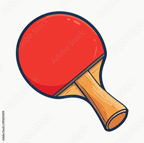 Cartoon illustration of a single red table tennis paddle featuring a natural wood handle ready for an intense game of ping pong competition or recreational sport activity.