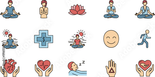 Illustrations depicting various aspects of health, wellness, and community care isolated on transparent background, Vector
