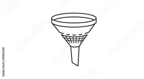 Detailed illustration of a funnel with a mesh filter and spout used for pouring liquids or powders